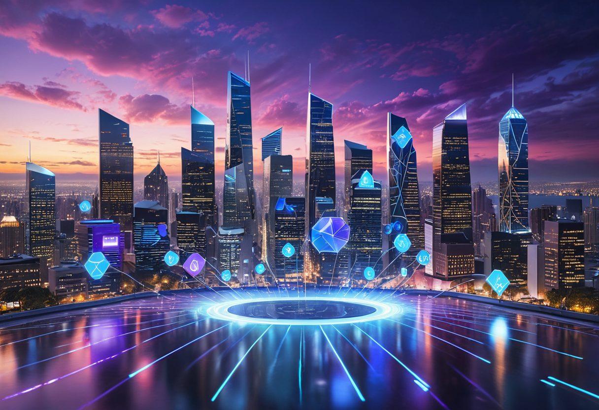 A futuristic cityscape showcasing a digital insurance hub, with holographic displays of insurance policies floating in the air. Include diverse people interacting with advanced technology, symbolizing access to digital coverage. Infuse elements of connectivity and security, like digital locks and shields around homes and businesses. The sky is vibrant with bright blues and purples, emphasizing innovation. super-realistic. vibrant colors. 3D.
