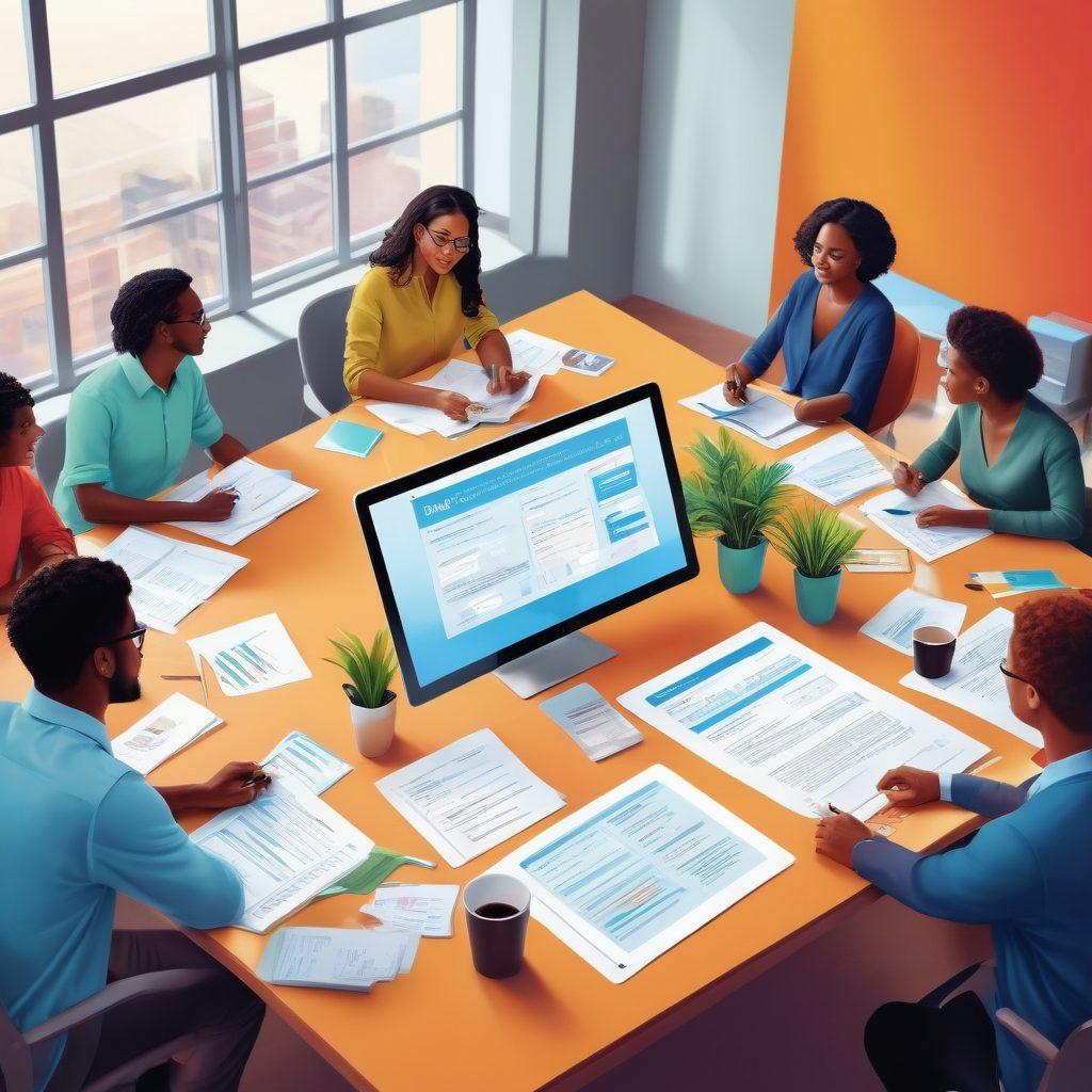 A diverse group of people from different backgrounds discussing insurance plans in a bright, open office space. Visual elements include documents with customizable checkboxes, calculators, and colorful brochures. A digital screen displays key terms like 'affordable' and 'custom plans' in an engaging layout. The atmosphere is warm and inviting, reflecting trust and community. Illustration style: vibrant colors, modern graphic design, flat lay.