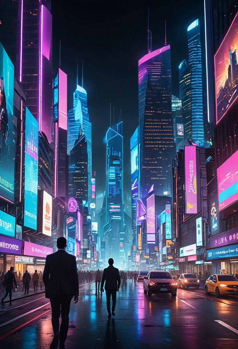 A futuristic city skyline representing the evolution of insurance technology, with people using digital devices to compare insurance policies. Overlay of colorful graphs and icons symbolizing online insurance solutions. A pathway leading towards a bright horizon symbolizing guidance into the future. Stylish and sleek modern design elements. cyberpunk. vibrant colors. super-realistic.